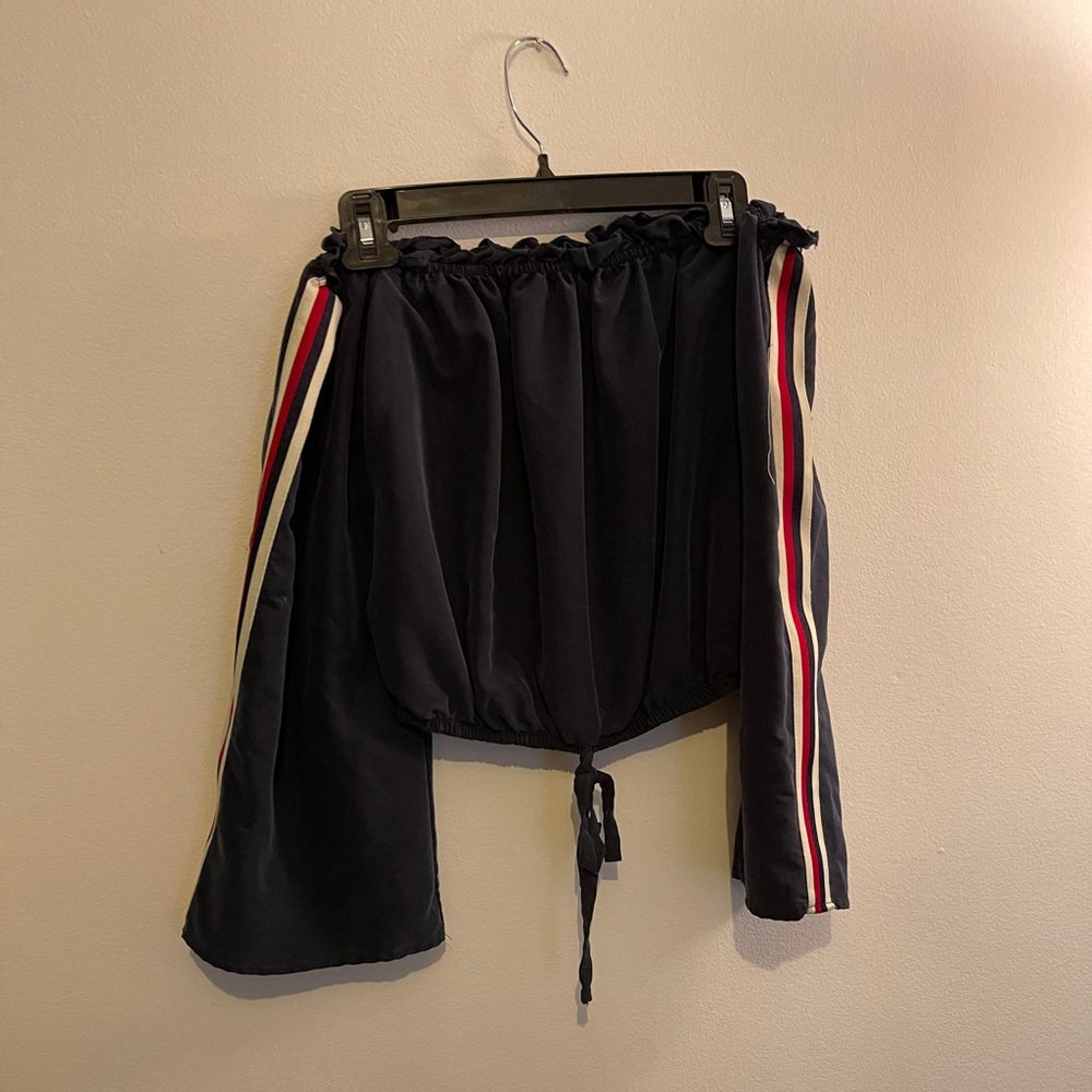 Navy off shoulder top with sleeve stripes